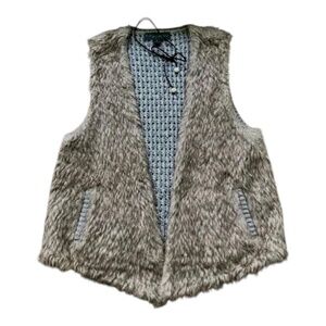 Vintage Havana Vest Faux Fur Wool Crochet Back Brown Gray  (M)